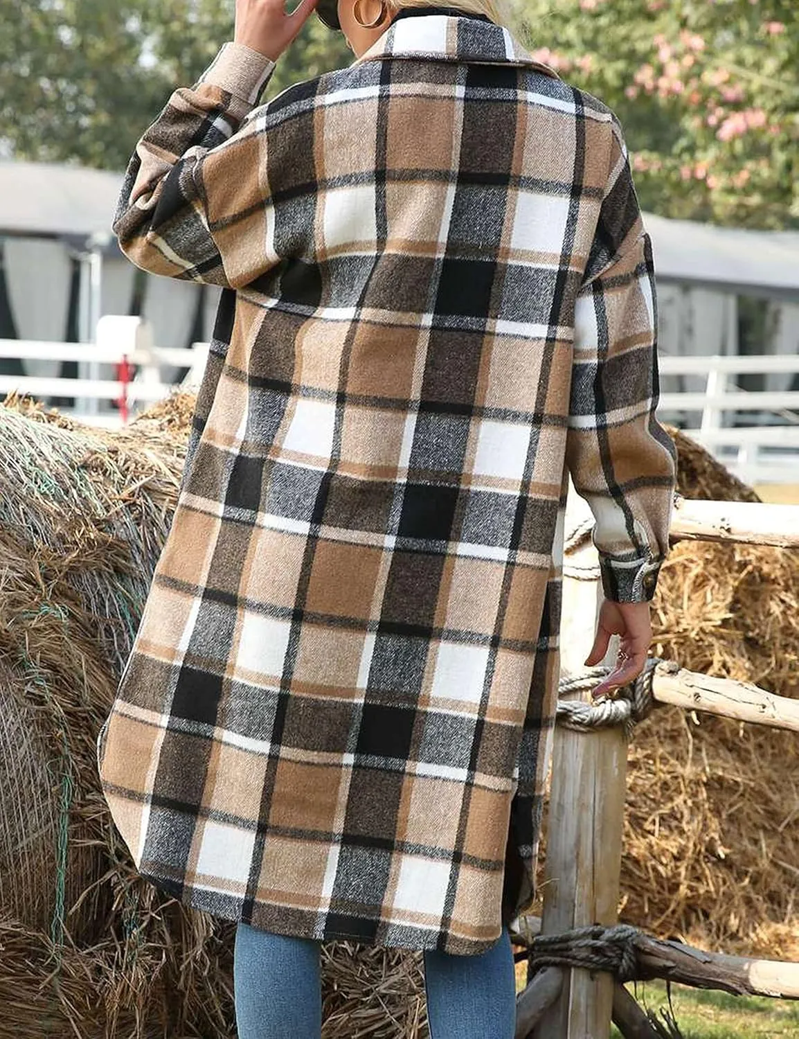 Zontroldy Casual Long Plaid Shirts Shacket Jacket Button Down Long Sleeve Shirts Trench Coats for Women
