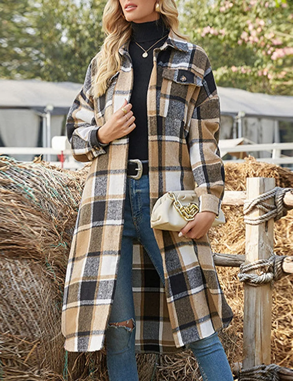 Zontroldy Casual Long Plaid Shirts Shacket Jacket Button Down Long Sleeve Shirts Trench Coats for Women