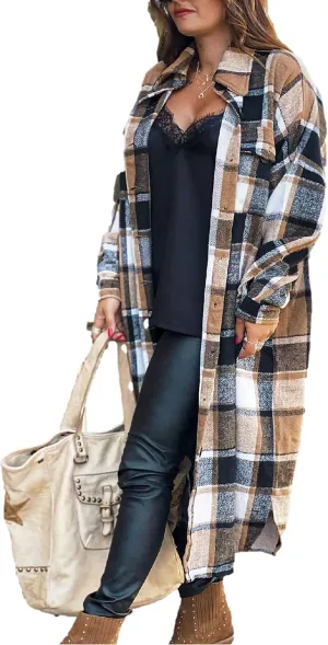 Zontroldy Casual Long Plaid Shirts Shacket Jacket Button Down Long Sleeve Shirts Trench Coats for Women