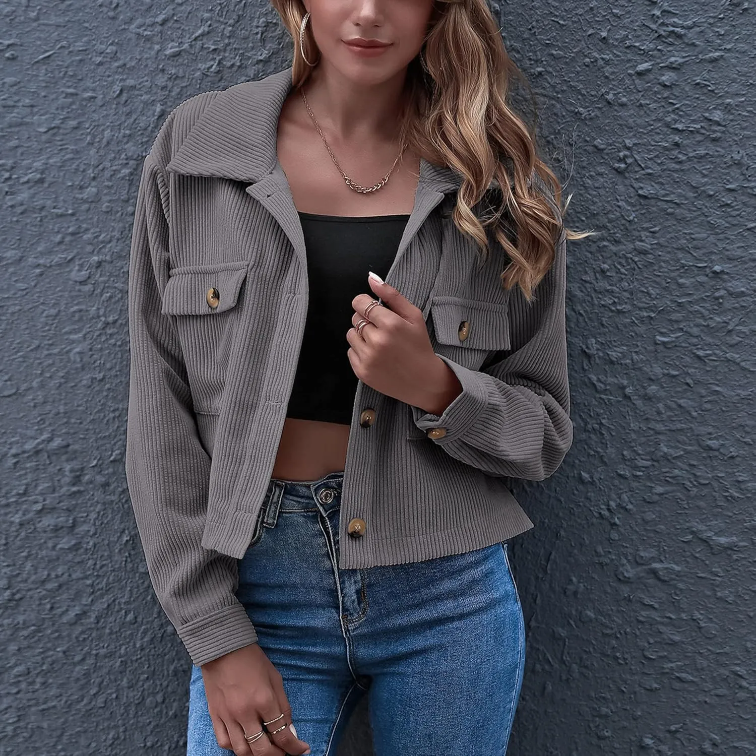Zontroldy Womens Fashion Cropped Corduroy Plaid Shacket Jacket Button Down Long Sleeve Crop Shirts Jackets Tops
