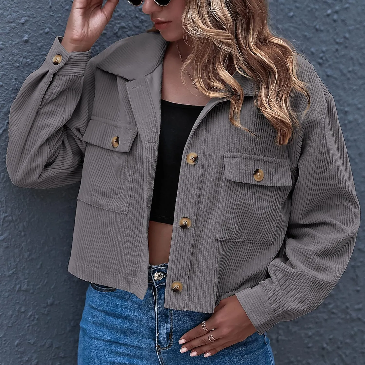 Zontroldy Womens Fashion Cropped Corduroy Plaid Shacket Jacket Button Down Long Sleeve Crop Shirts Jackets Tops