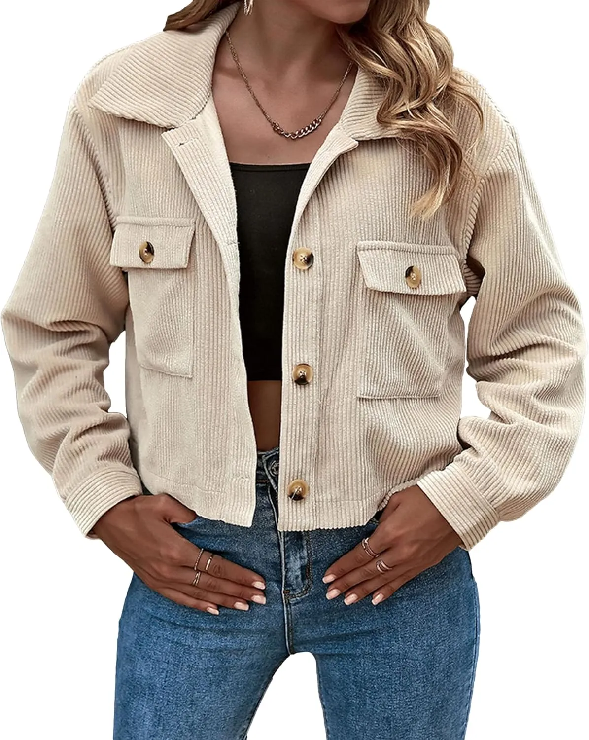 Zontroldy Womens Fashion Cropped Corduroy Plaid Shacket Jacket Button Down Long Sleeve Crop Shirts Jackets Tops