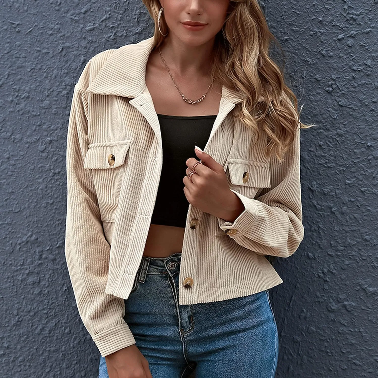 Zontroldy Womens Fashion Cropped Corduroy Plaid Shacket Jacket Button Down Long Sleeve Crop Shirts Jackets Tops