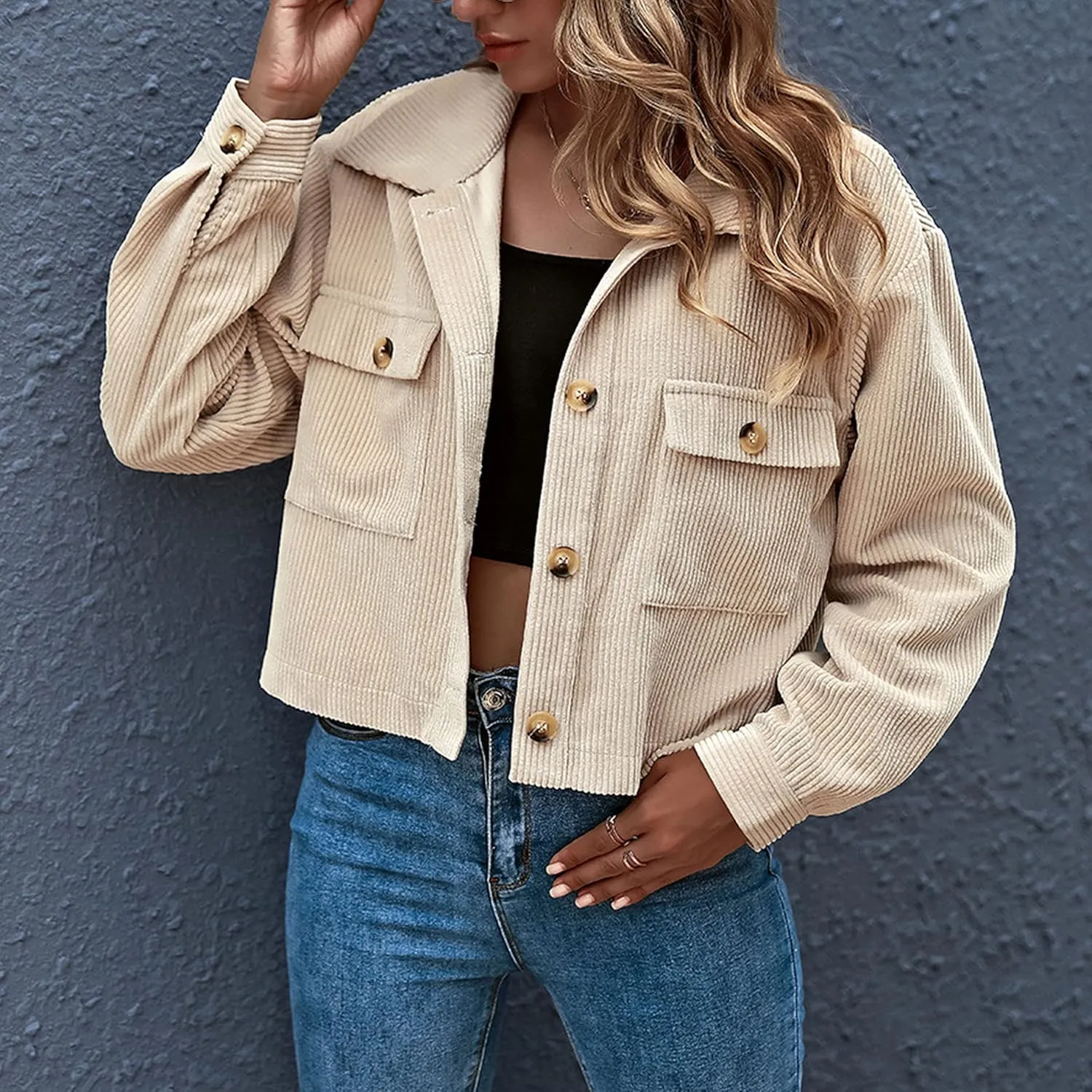 Zontroldy Womens Fashion Cropped Corduroy Plaid Shacket Jacket Button Down Long Sleeve Crop Shirts Jackets Tops