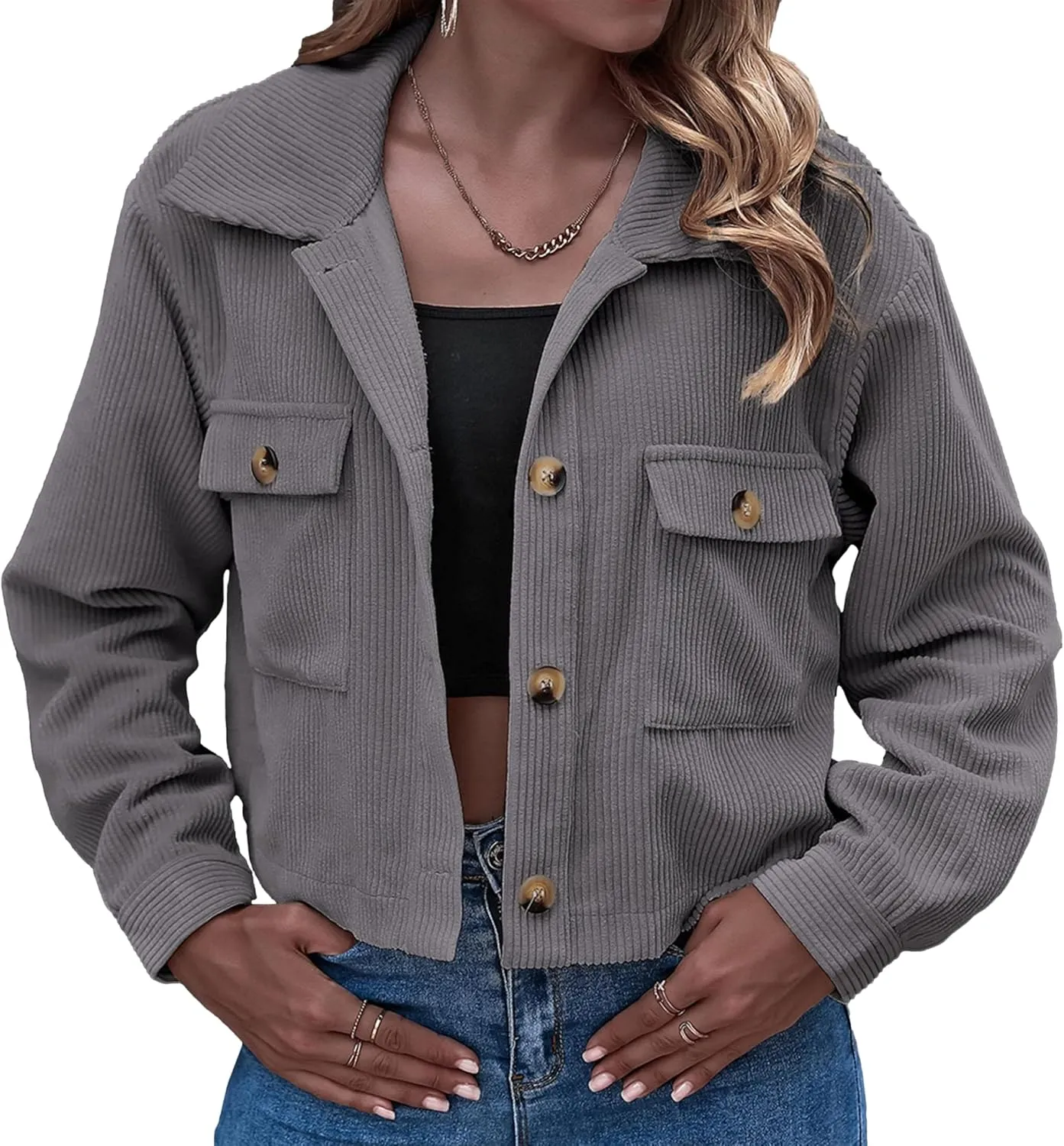 Zontroldy Womens Fashion Cropped Corduroy Plaid Shacket Jacket Button Down Long Sleeve Crop Shirts Jackets Tops