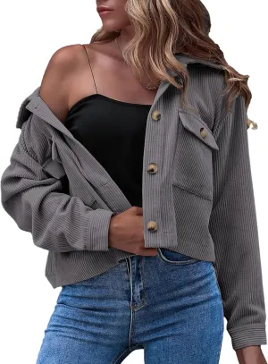 Zontroldy Womens Fashion Cropped Corduroy Plaid Shacket Jacket Button Down Long Sleeve Crop Shirts Jackets Tops