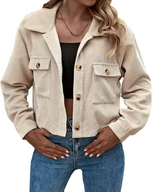Zontroldy Womens Fashion Cropped Corduroy Plaid Shacket Jacket Button Down Long Sleeve Crop Shirts Jackets Tops