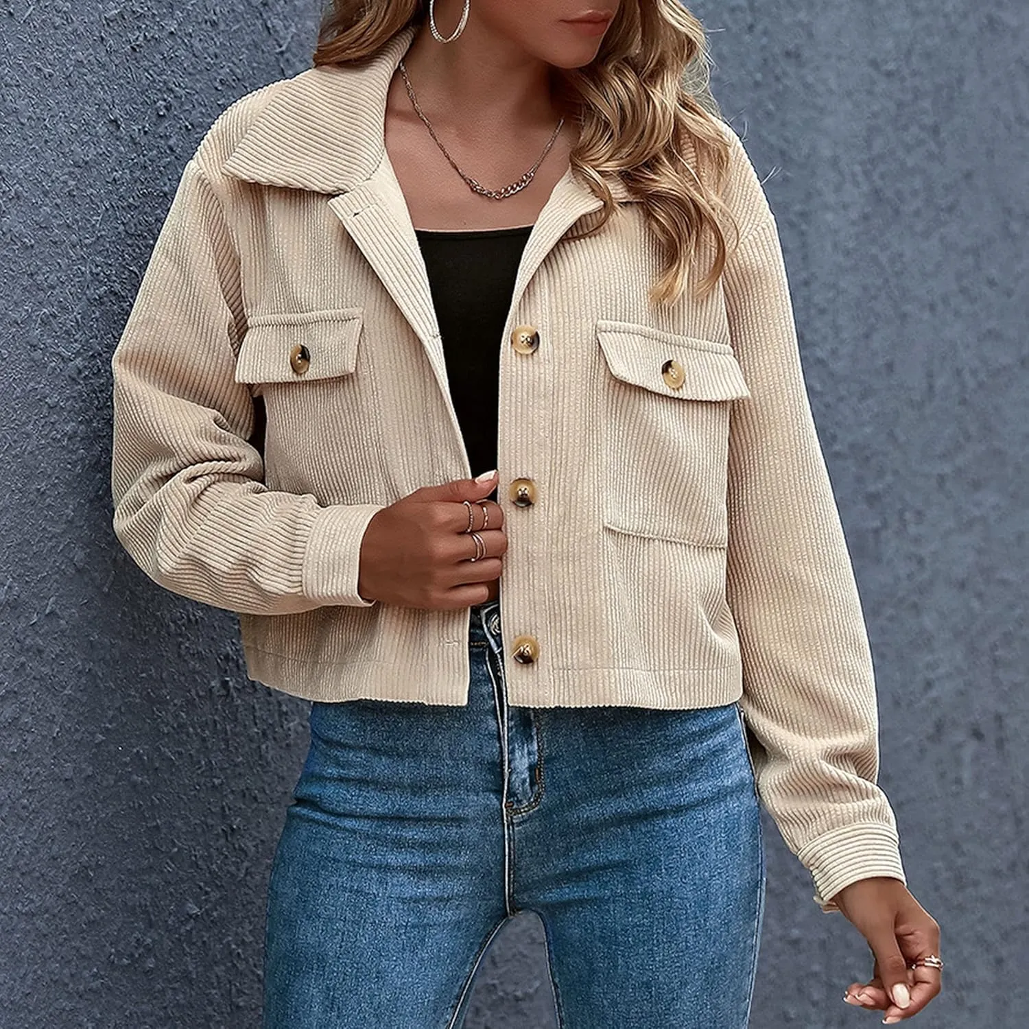 Zontroldy Womens Fashion Cropped Corduroy Plaid Shacket Jacket Button Down Long Sleeve Crop Shirts Jackets Tops