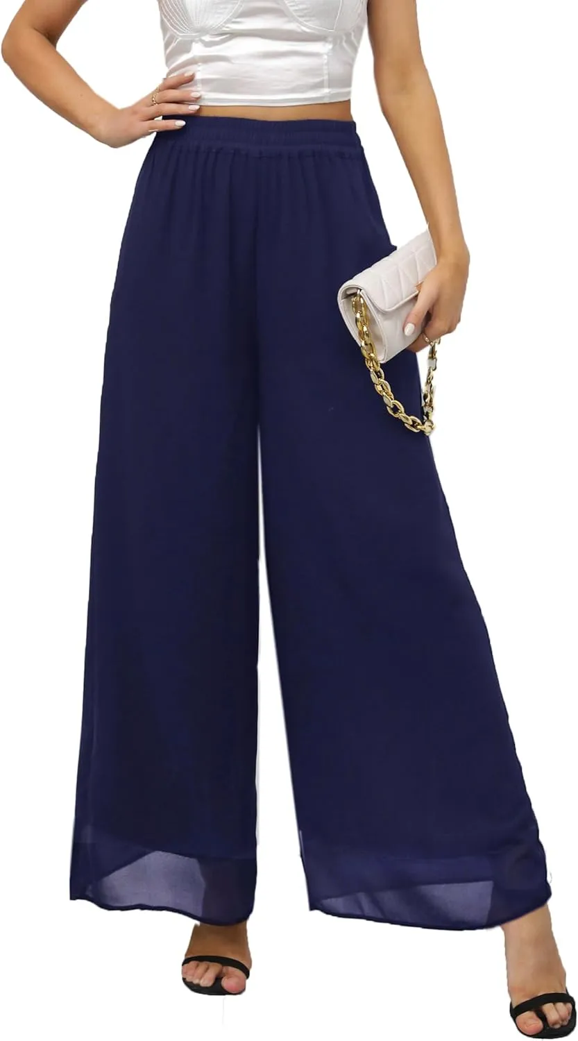 zsangbee Women's Wide Leg Palazzo Pants Chiffon Flowy Loose Party Wedding Dressy Casual Trousers