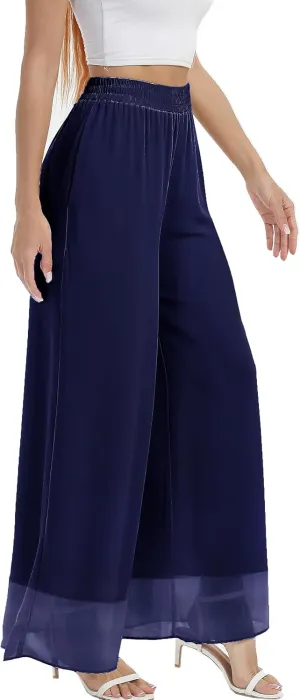 zsangbee Women's Wide Leg Palazzo Pants Chiffon Flowy Loose Party Wedding Dressy Casual Trousers