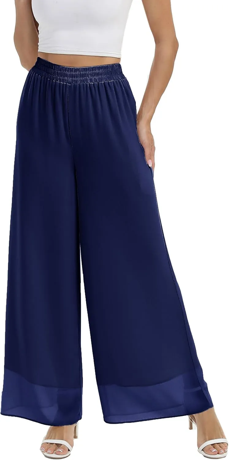 zsangbee Women's Wide Leg Palazzo Pants Chiffon Flowy Loose Party Wedding Dressy Casual Trousers