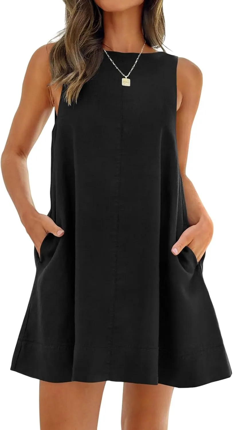ZWRXW Cotton Linen Dresses for Women 2024 Summer Sleeveless Tunic Mini Dress Backless U Neck Sundress Flowy Beach Tank Dress