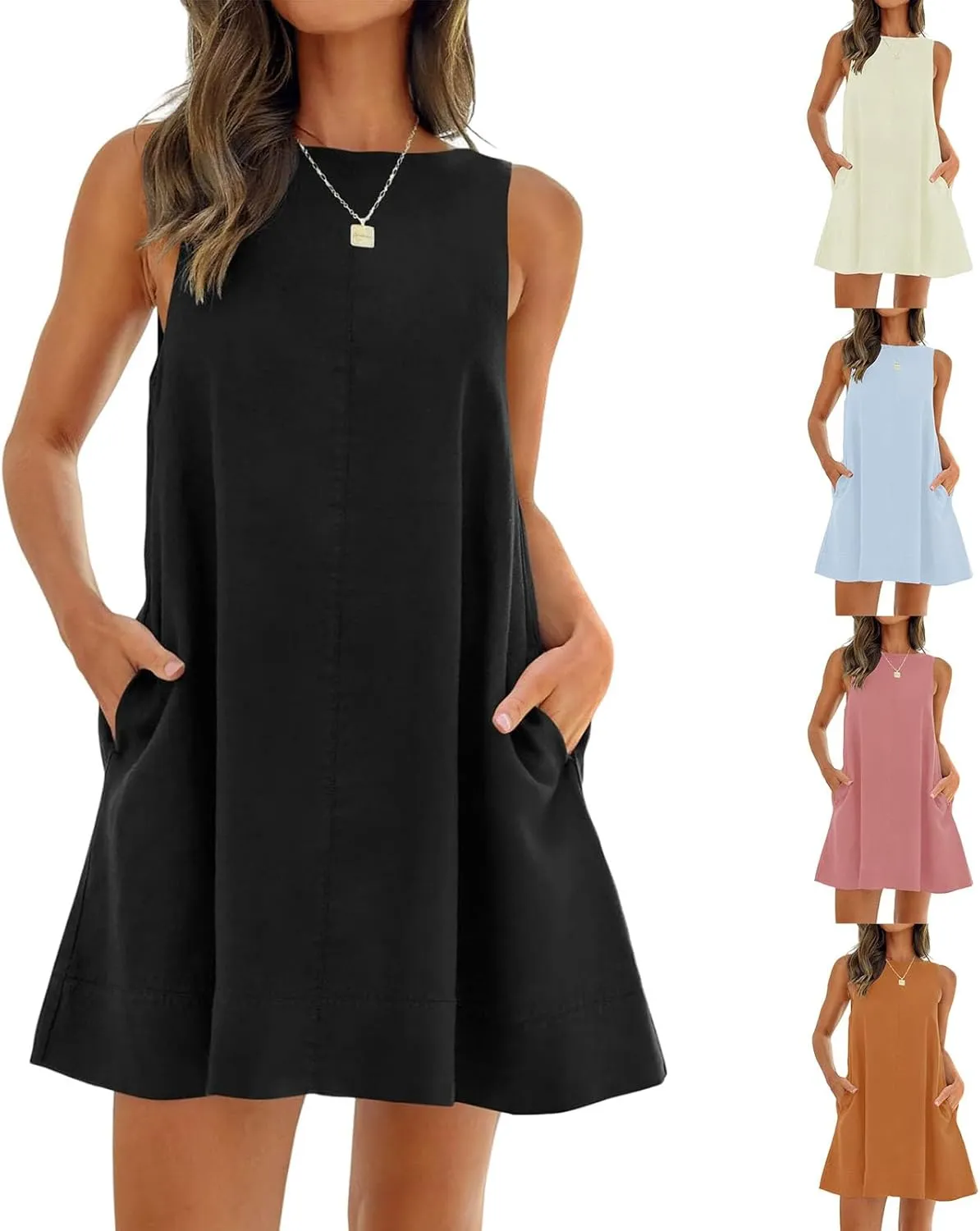 ZWRXW Cotton Linen Dresses for Women 2024 Summer Sleeveless Tunic Mini Dress Backless U Neck Sundress Flowy Beach Tank Dress