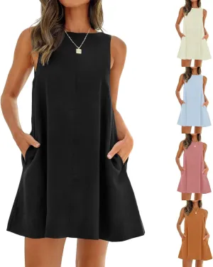 ZWRXW Cotton Linen Dresses for Women 2024 Summer Sleeveless Tunic Mini Dress Backless U Neck Sundress Flowy Beach Tank Dress