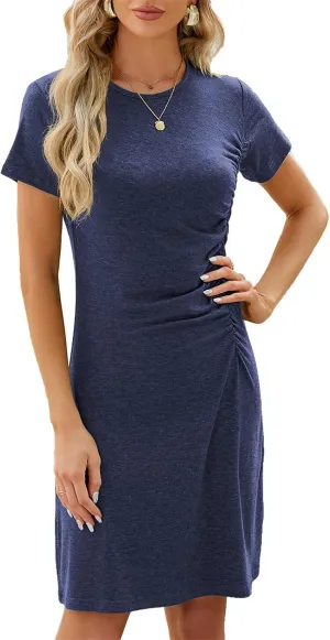 ZWRXW Women's Summer Casual Dresses Crew Neck Short Sleeve T Shirt Dress Side Ruched Bodycon Midi Dress Daily Wear Dresses