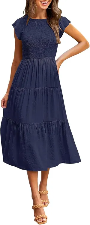 ZWRXW Womens Summer Casual Dresses Flutter Short Sleeve Crewneck Smocked Elastic Waist Tiered Midi Dress Flowy Beach Dress