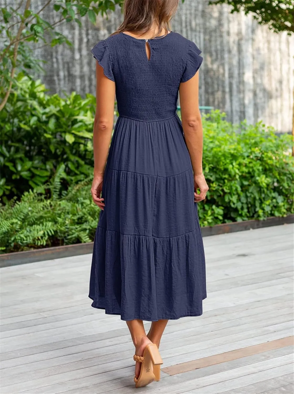ZWRXW Womens Summer Casual Dresses Flutter Short Sleeve Crewneck Smocked Elastic Waist Tiered Midi Dress Flowy Beach Dress