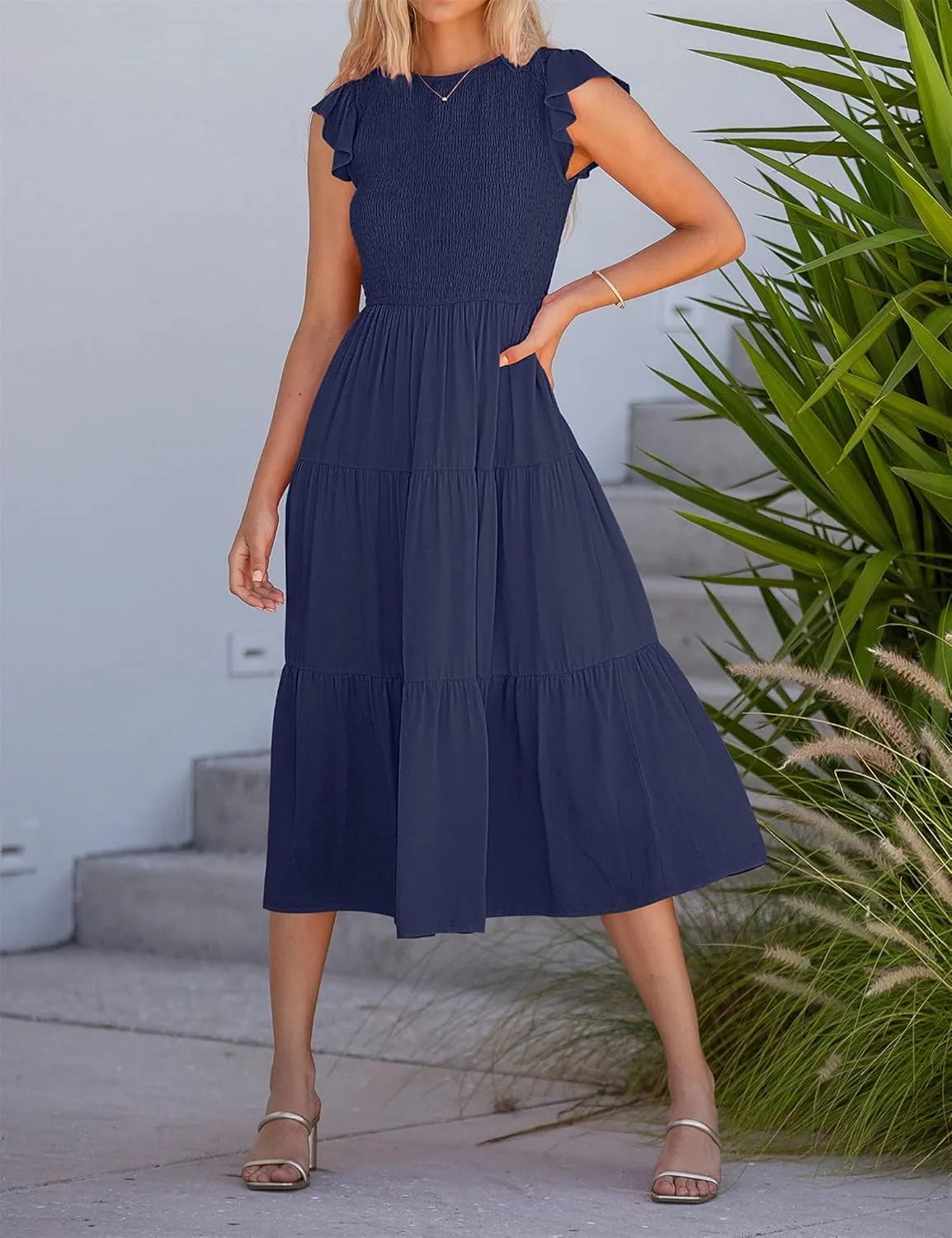 ZWRXW Womens Summer Casual Dresses Flutter Short Sleeve Crewneck Smocked Elastic Waist Tiered Midi Dress Flowy Beach Dress