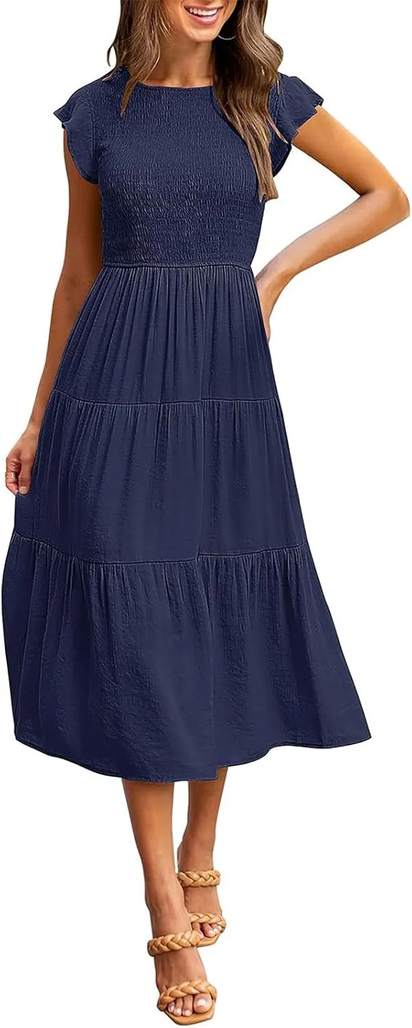 ZWRXW Womens Summer Casual Dresses Flutter Short Sleeve Crewneck Smocked Elastic Waist Tiered Midi Dress Flowy Beach Dress